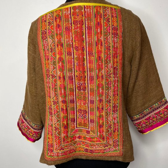 IBU Movement Embroidered Cropped Linen Brown Jacket Handmade - Picture 2 of 16